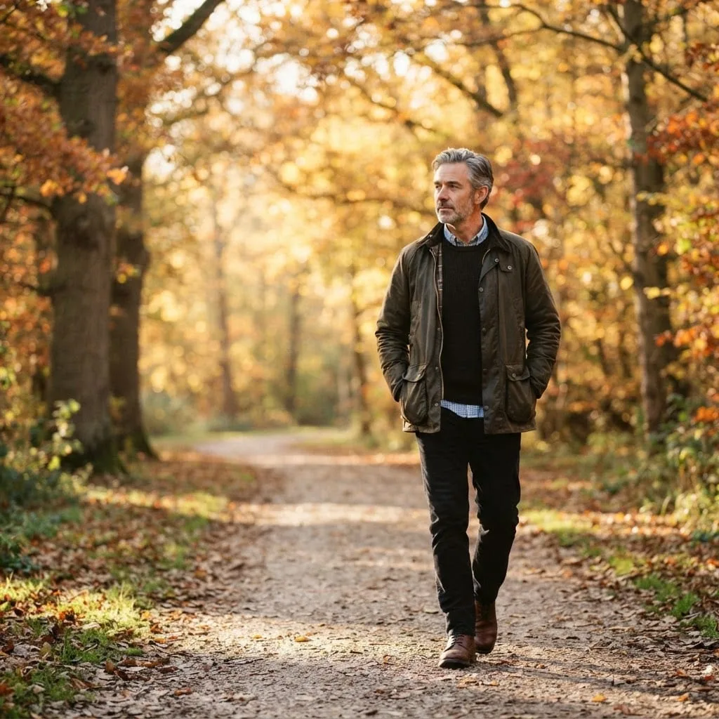 A man walking alone along a quiet tree-lined path in morning light