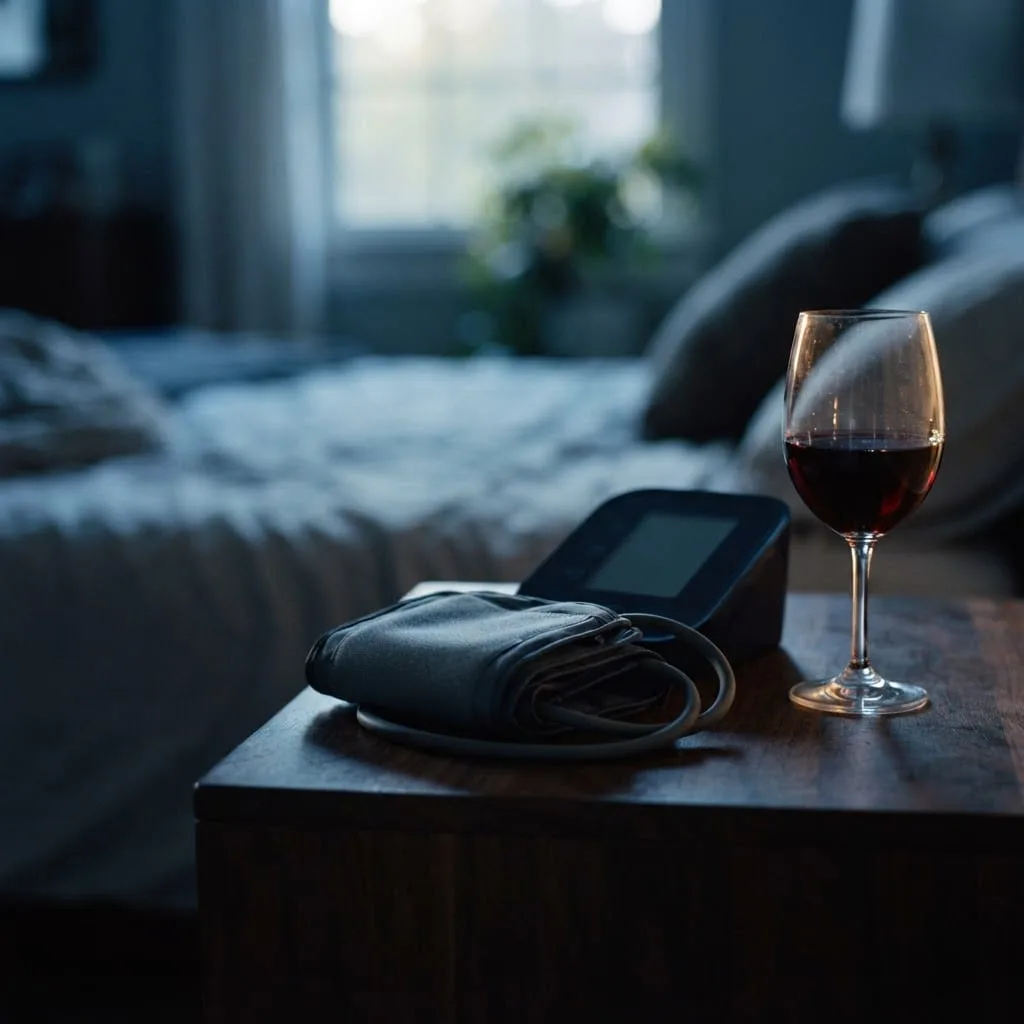 A home blood pressure monitor cuff on a dark wood nightstand beside a half-full glass of red wine in early morning light