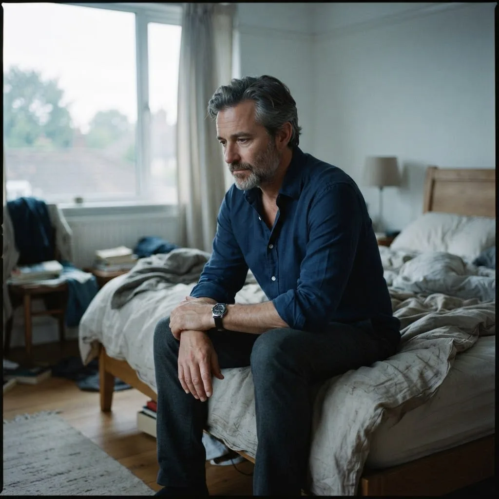 A man in his early fifties in an open-collar shirt sits alone on the edge of an unmade bed in early morning light, elbows on his knees, looking down and away in thought