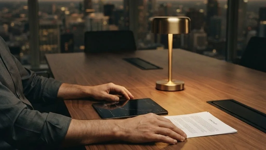 A single executive's hands resting on printed documents and a glowing tablet at a long boardroom conference table at dusk, a city skyline visible through floor-to-ceiling windows in warm amber light
