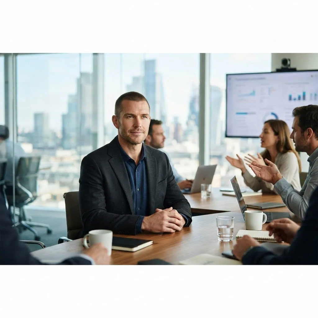 A composed male professional sitting calmly and thinking before responding during an active high-rise conference room meeting