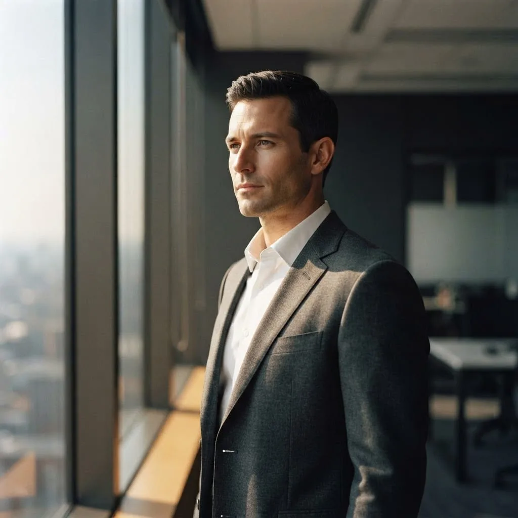 A man in his early 40s in a charcoal suit and open-collar white shirt standing at a floor-to-ceiling office window in warm morning light, looking out with a calm, focused expression