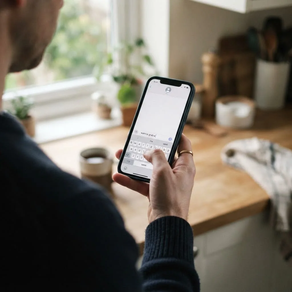 An over-the-shoulder view of a man holding a phone in a sunlit kitchen, thumb paused over a half-typed text message that reads "want to grab a"