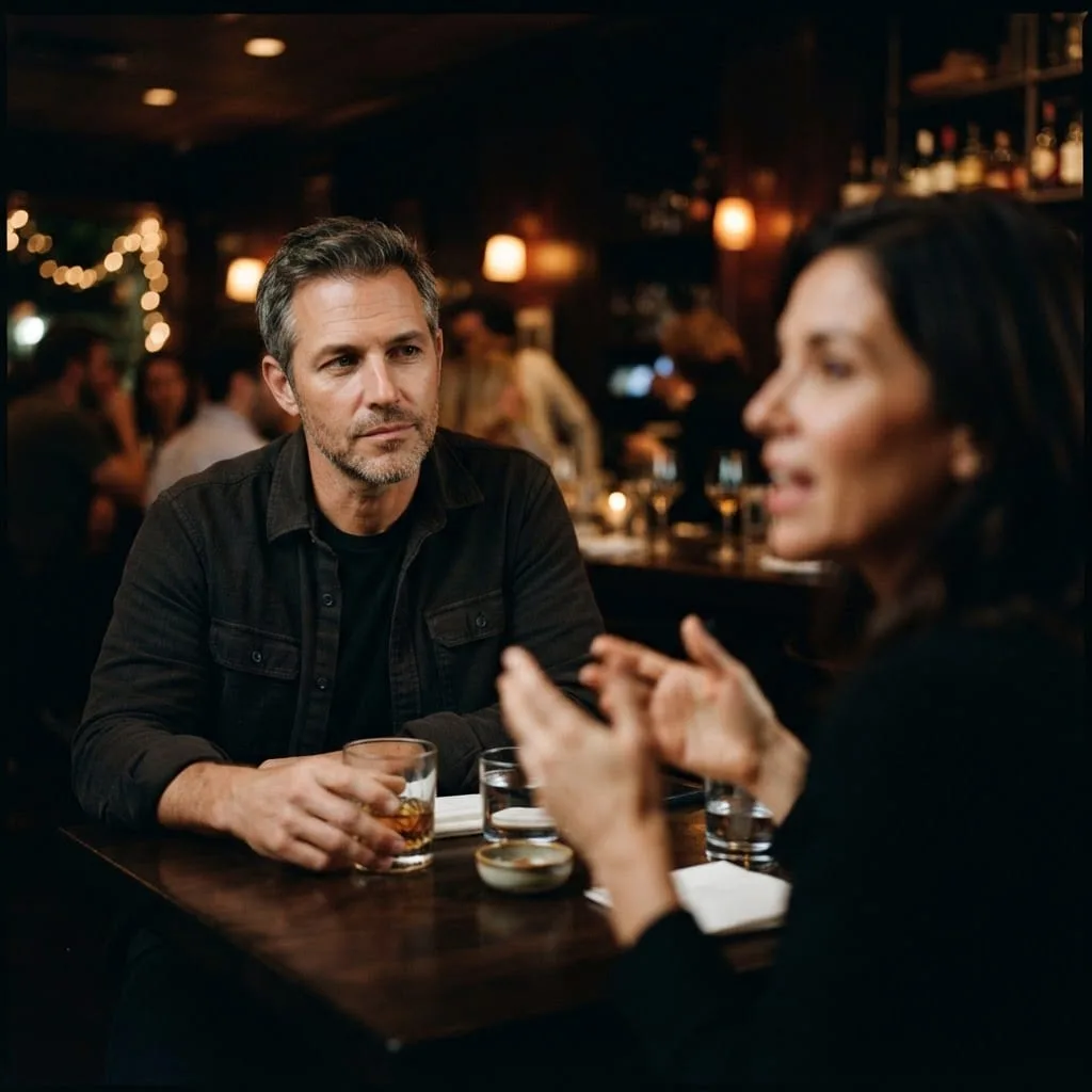 A man with a guarded, reflective expression holding a whiskey glass at a dimly lit bar as a companion speaks across the table