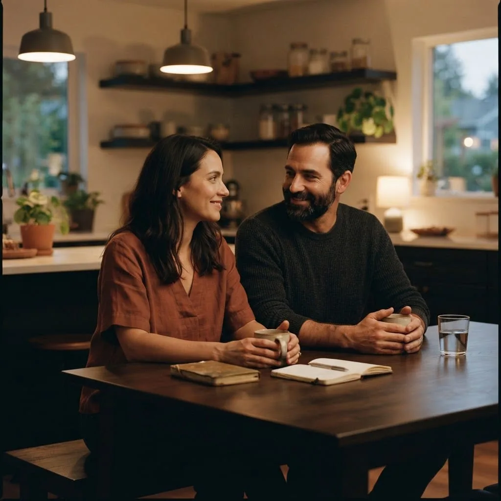 A man and his partner reconnecting at the kitchen table after he chose to retire from alcohol